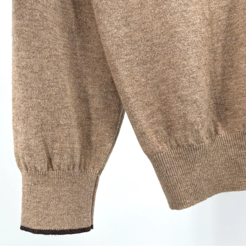 Bachrach Men’s Wool Silk Blend Tan with Brown Accents V-Neck Sweater Size L